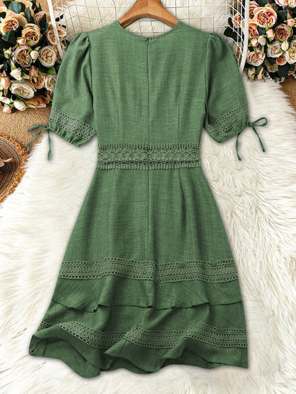 SHEIN Clasi Women's Solid Color Lace Trim Puff Sleeve Mini Dress, Summer