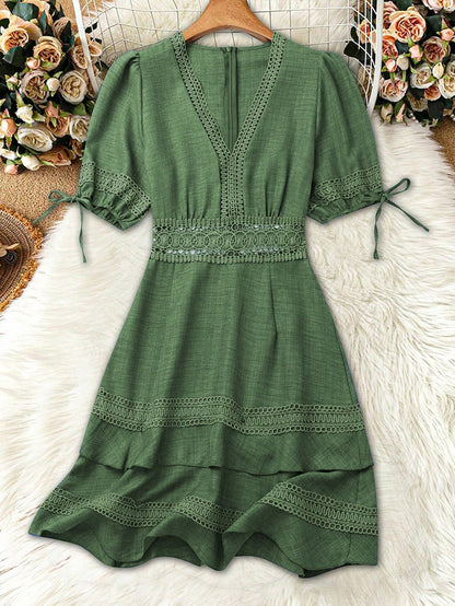 SHEIN Clasi Women's Solid Color Lace Trim Puff Sleeve Mini Dress, Summer