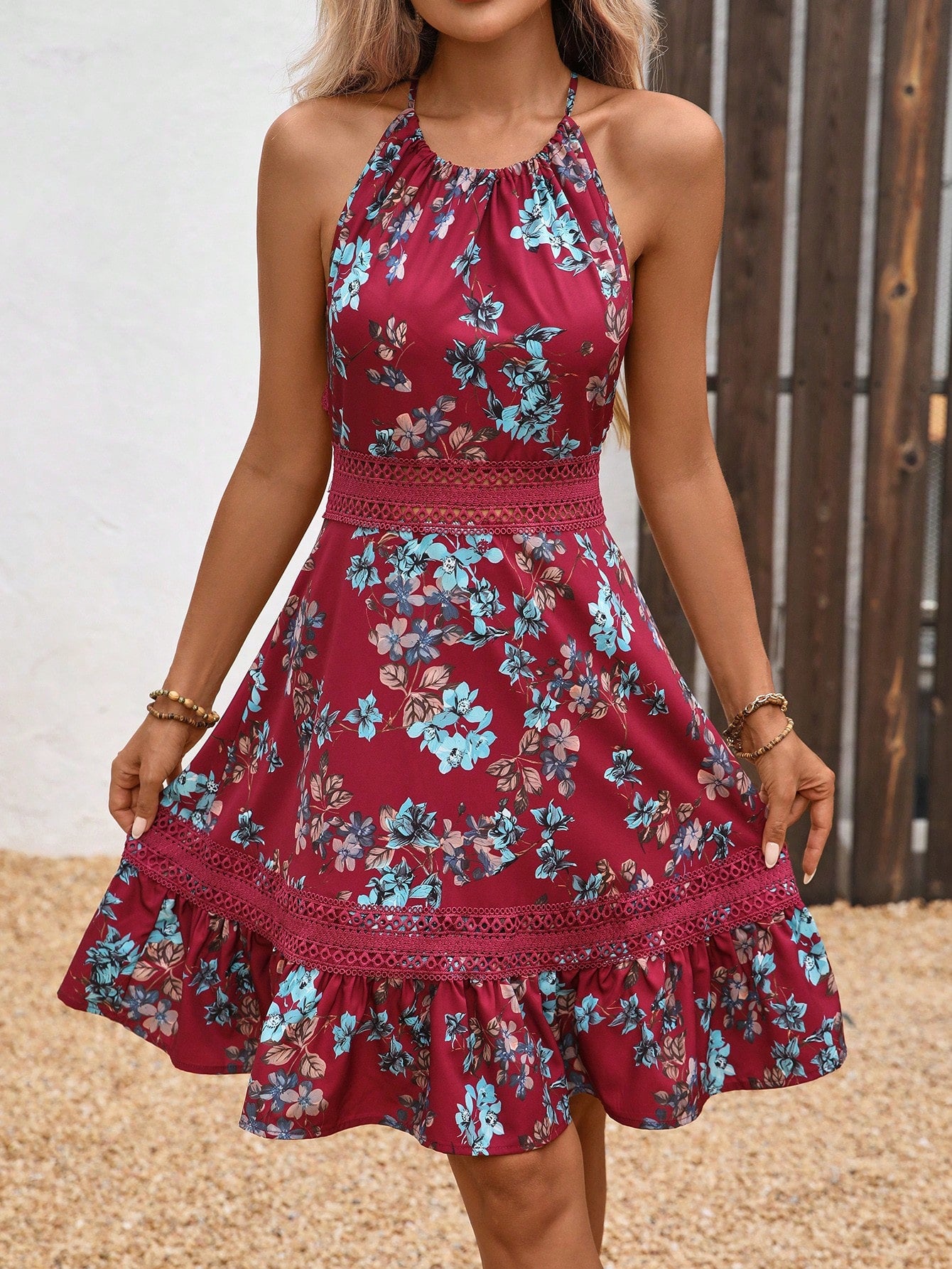 Breezaya Women's Floral Print Contrast Lace Summer Holiday Dress