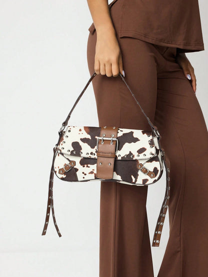 SHEIN X Lucía Bellido SHEIN SXY Fashionable Black Stud Shoulder Bag For Women, Versatile, Shopping Bag, Cool, Street Bag, Teenagers