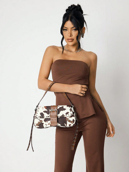 SHEIN X Lucía Bellido SHEIN SXY Fashionable Black Stud Shoulder Bag For Women, Versatile, Shopping Bag, Cool, Street Bag, Teenagers