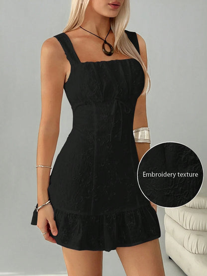 Easelle Women's Summer Clothing Vacation Romantic Bohemian Beach Casual Sweet White Embroidery Embroidery Front Tie Ruffles Small Flying Sleeves Suspender Mini Dress