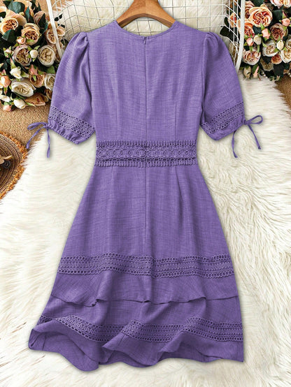 SHEIN Clasi Women's Solid Color Lace Trim Puff Sleeve Mini Dress, Summer