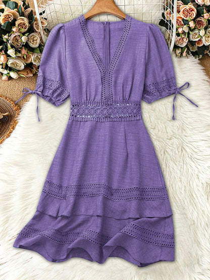 SHEIN Clasi Women's Solid Color Lace Trim Puff Sleeve Mini Dress, Summer