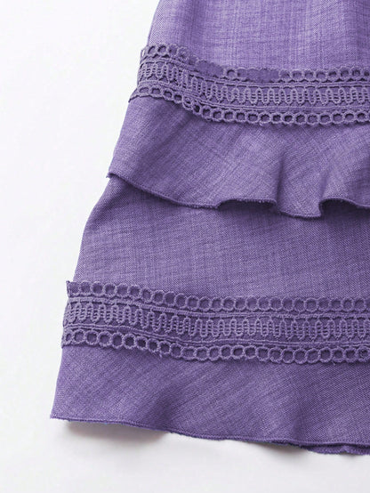 SHEIN Clasi Women's Solid Color Lace Trim Puff Sleeve Mini Dress, Summer