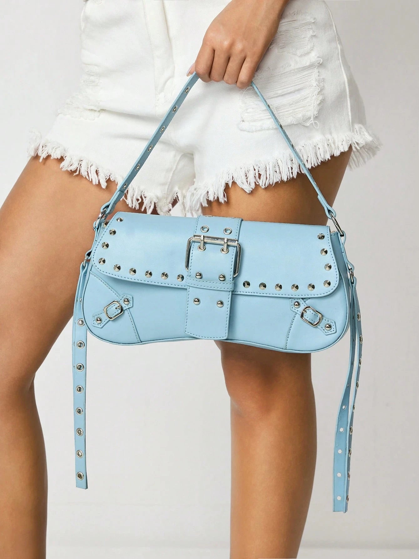 SHEIN X Lucía Bellido SHEIN SXY Fashionable Black Stud Shoulder Bag For Women, Versatile, Shopping Bag, Cool, Street Bag, Teenagers