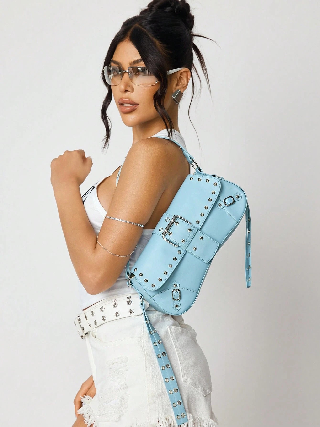 SHEIN X Lucía Bellido SHEIN SXY Fashionable Black Stud Shoulder Bag For Women, Versatile, Shopping Bag, Cool, Street Bag, Teenagers