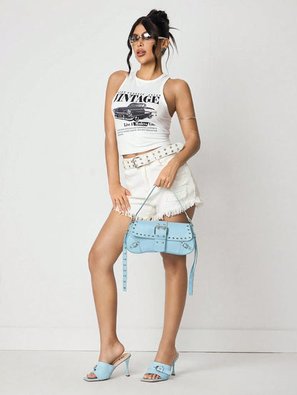 SHEIN X Lucía Bellido SHEIN SXY Fashionable Black Stud Shoulder Bag For Women, Versatile, Shopping Bag, Cool, Street Bag, Teenagers