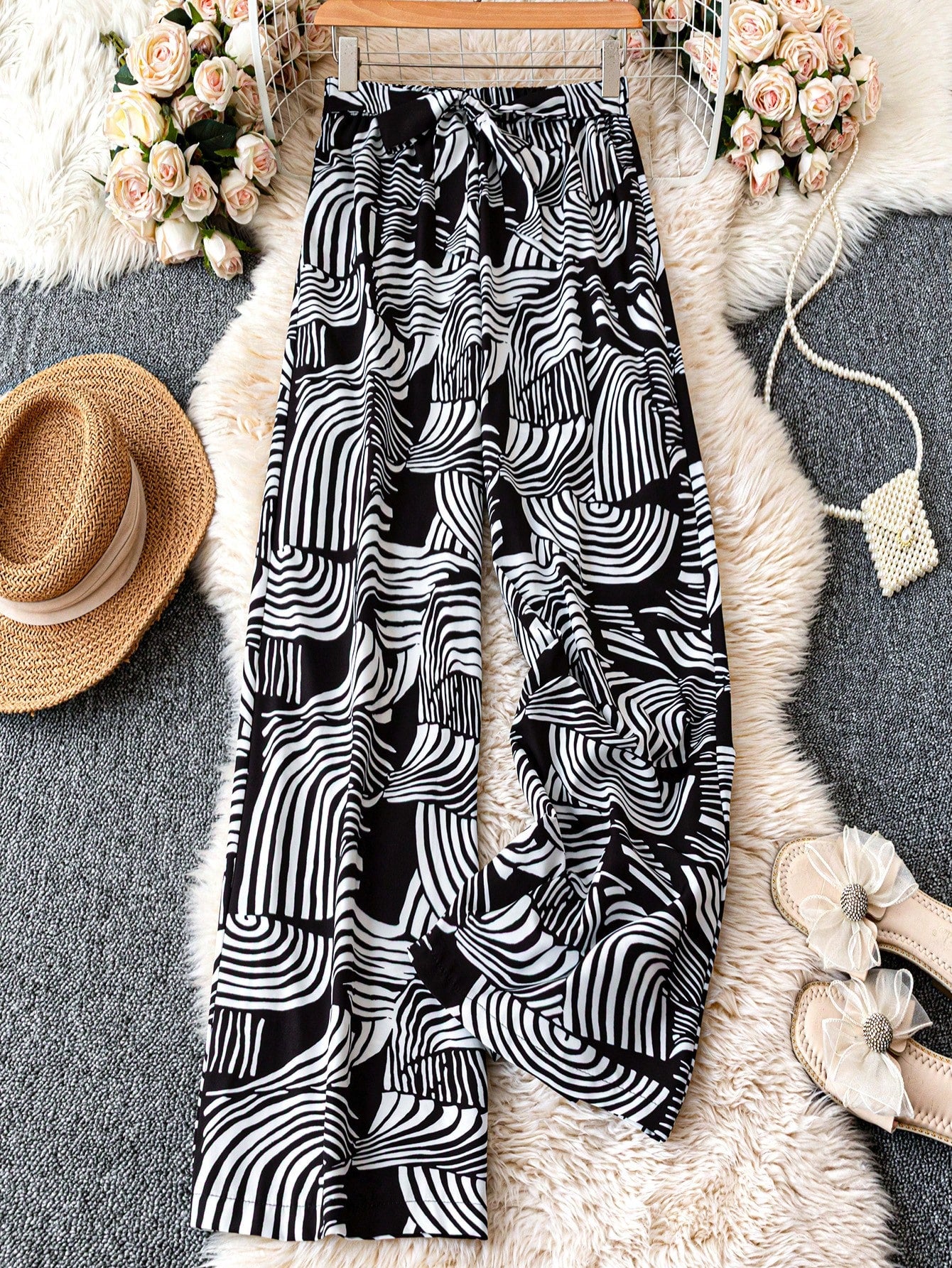 Breezaya Allover Print Belted Wide Leg Casual Vacation Pants Fall Cloth For Women