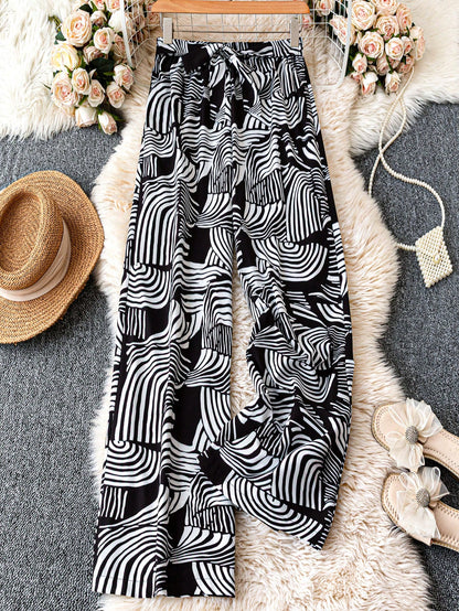 Breezaya Allover Print Belted Wide Leg Casual Vacation Pants Fall Cloth For Women