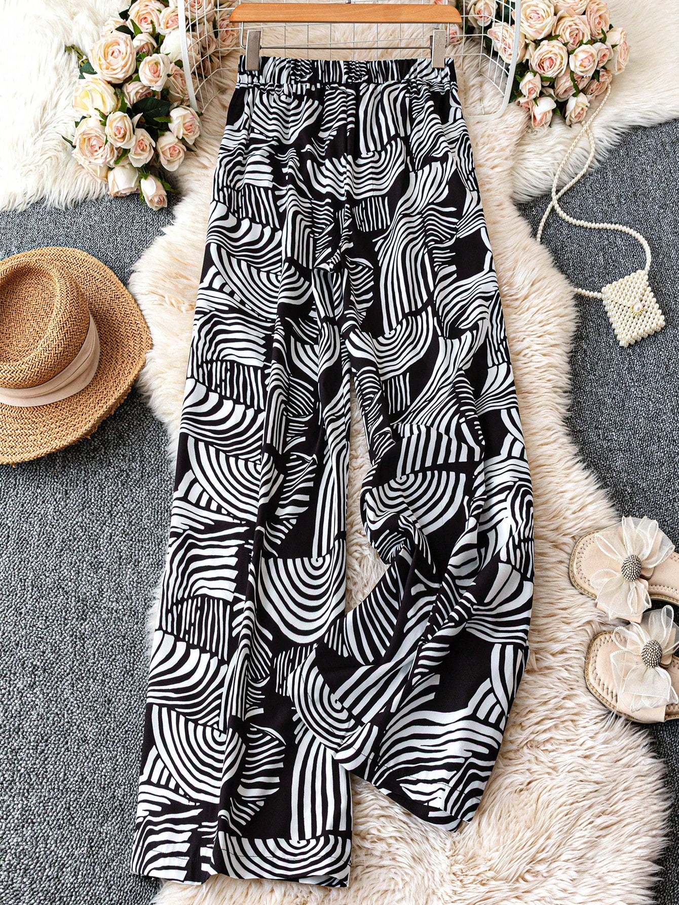 Breezaya Allover Print Belted Wide Leg Casual Vacation Pants Fall Cloth For Women