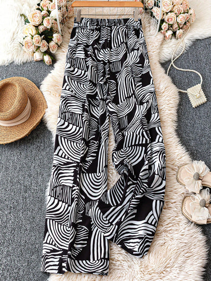 Breezaya Allover Print Belted Wide Leg Casual Vacation Pants Fall Cloth For Women
