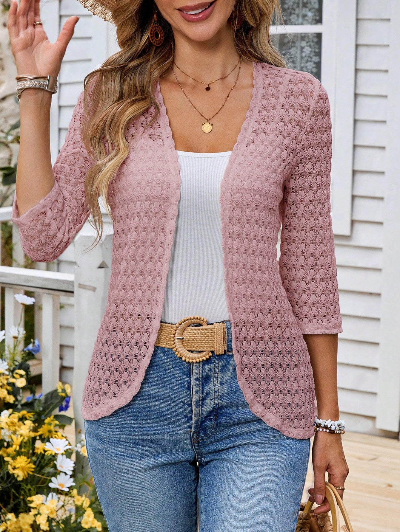 EMERY ROSE Women's Vacation Casual Solid Color Hollow-Out Knit Cardigan