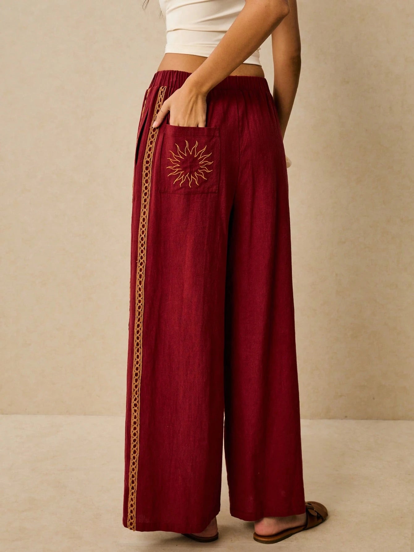 Poéselle Women's Wide Leg Loose Casual Pants With Sun Embroidered Pockets,Vacation Outfits Woman,Beach Vacation,Embroidered Pants,Summer Outfits For Women Vacation Outfits Women Resort Wear