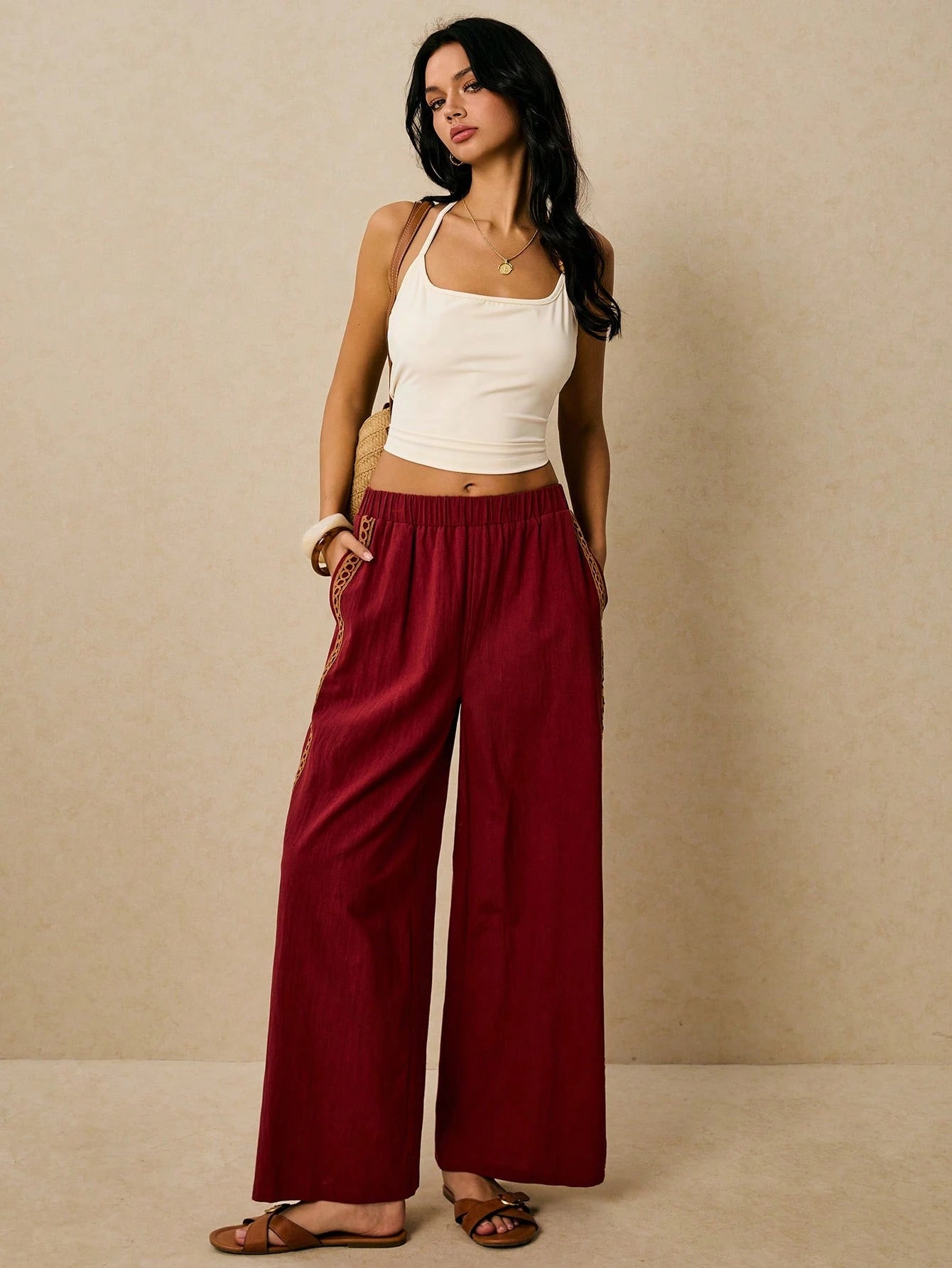 Poéselle Women's Wide Leg Loose Casual Pants With Sun Embroidered Pockets,Vacation Outfits Woman,Beach Vacation,Embroidered Pants,Summer Outfits For Women Vacation Outfits Women Resort Wear