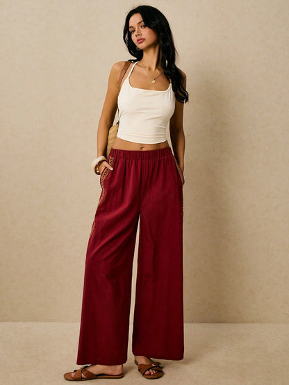 Poéselle Women's Wide Leg Loose Casual Pants With Sun Embroidered Pockets,Vacation Outfits Woman,Beach Vacation,Embroidered Pants,Summer Outfits For Women Vacation Outfits Women Resort Wear