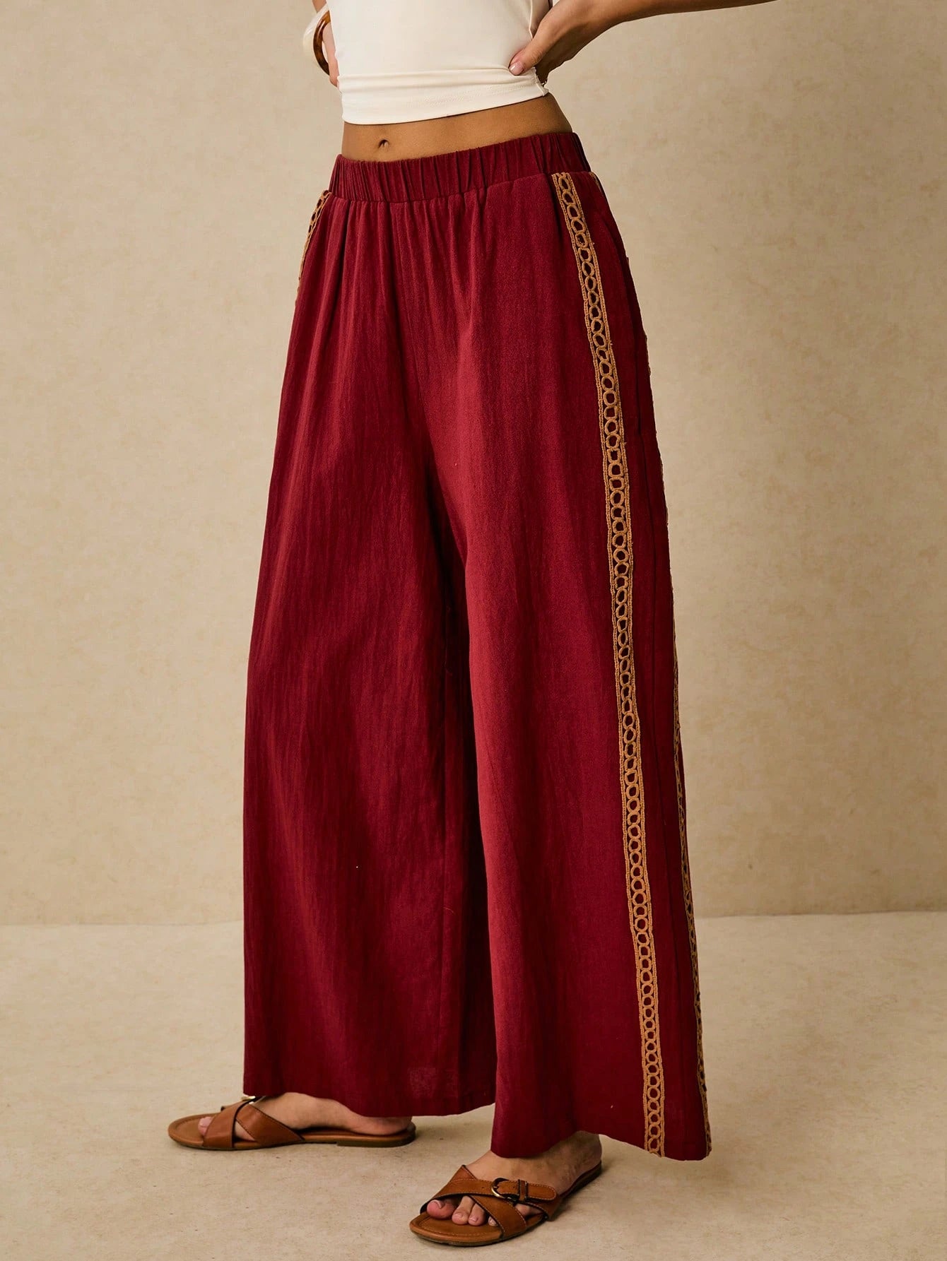 Poéselle Women's Wide Leg Loose Casual Pants With Sun Embroidered Pockets,Vacation Outfits Woman,Beach Vacation,Embroidered Pants,Summer Outfits For Women Vacation Outfits Women Resort Wear