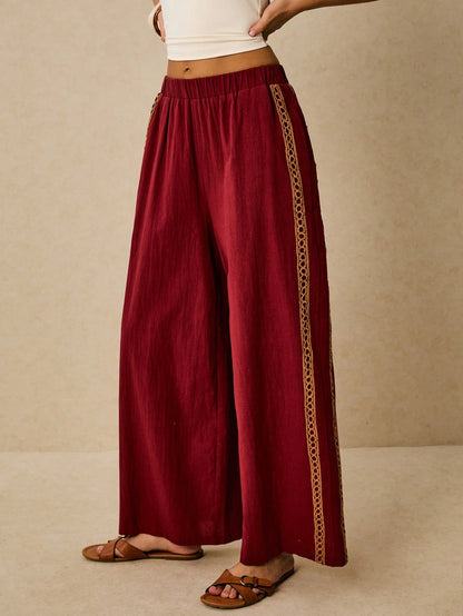 Poéselle Women's Wide Leg Loose Casual Pants With Sun Embroidered Pockets,Vacation Outfits Woman,Beach Vacation,Embroidered Pants,Summer Outfits For Women Vacation Outfits Women Resort Wear