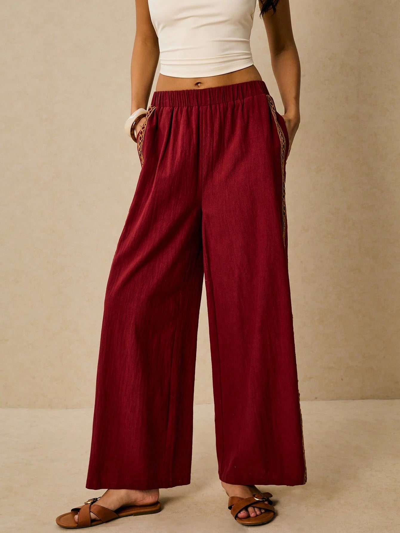 Poéselle Women's Wide Leg Loose Casual Pants With Sun Embroidered Pockets,Vacation Outfits Woman,Beach Vacation,Embroidered Pants,Summer Outfits For Women Vacation Outfits Women Resort Wear