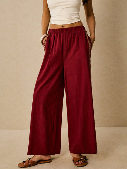 Poéselle Women's Wide Leg Loose Casual Pants With Sun Embroidered Pockets,Vacation Outfits Woman,Beach Vacation,Embroidered Pants,Summer Outfits For Women Vacation Outfits Women Resort Wear