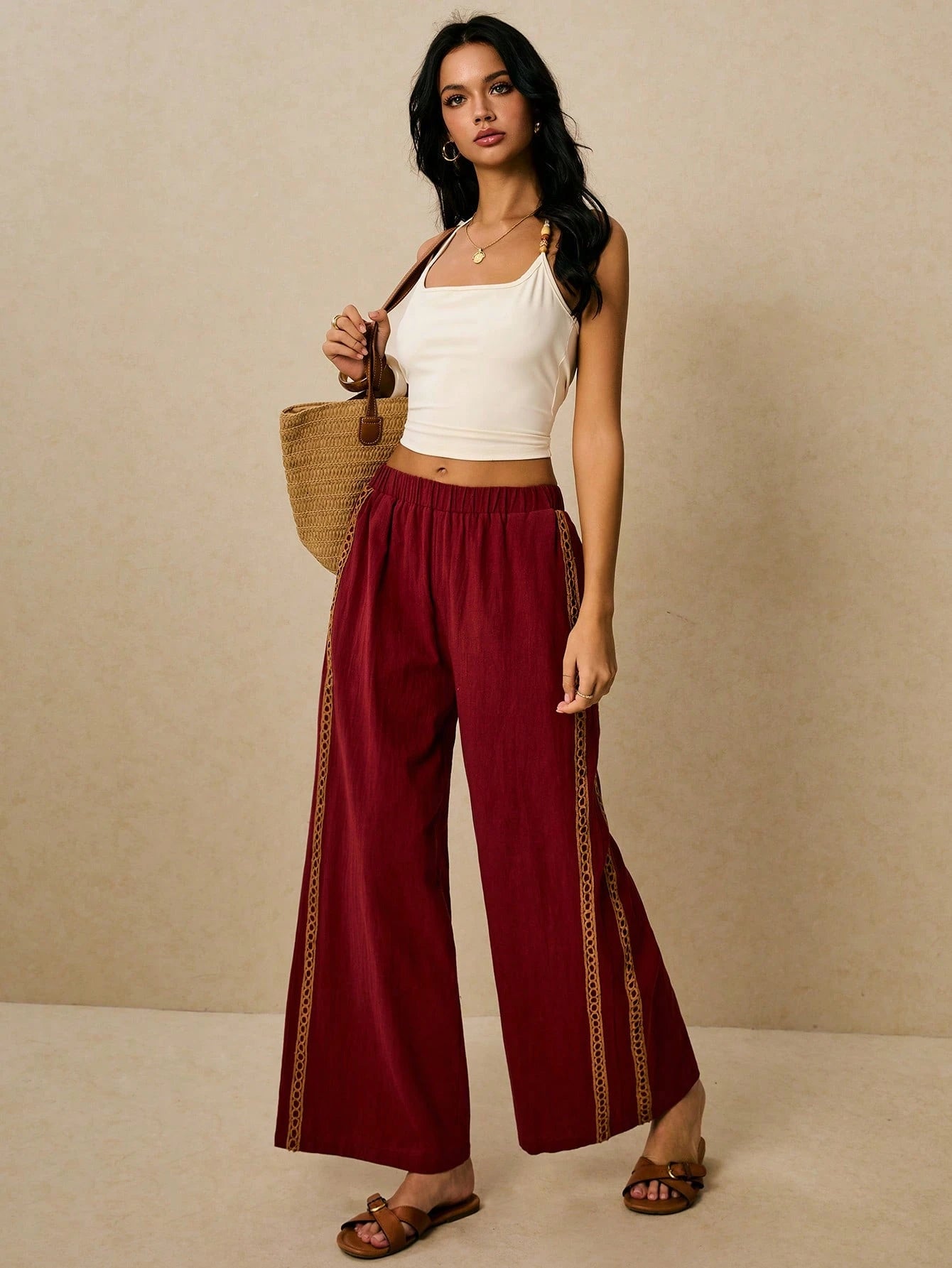 Poéselle Women's Wide Leg Loose Casual Pants With Sun Embroidered Pockets,Vacation Outfits Woman,Beach Vacation,Embroidered Pants,Summer Outfits For Women Vacation Outfits Women Resort Wear