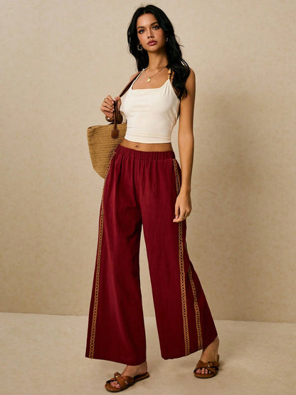 Poéselle Women's Wide Leg Loose Casual Pants With Sun Embroidered Pockets,Vacation Outfits Woman,Beach Vacation,Embroidered Pants,Summer Outfits For Women Vacation Outfits Women Resort Wear