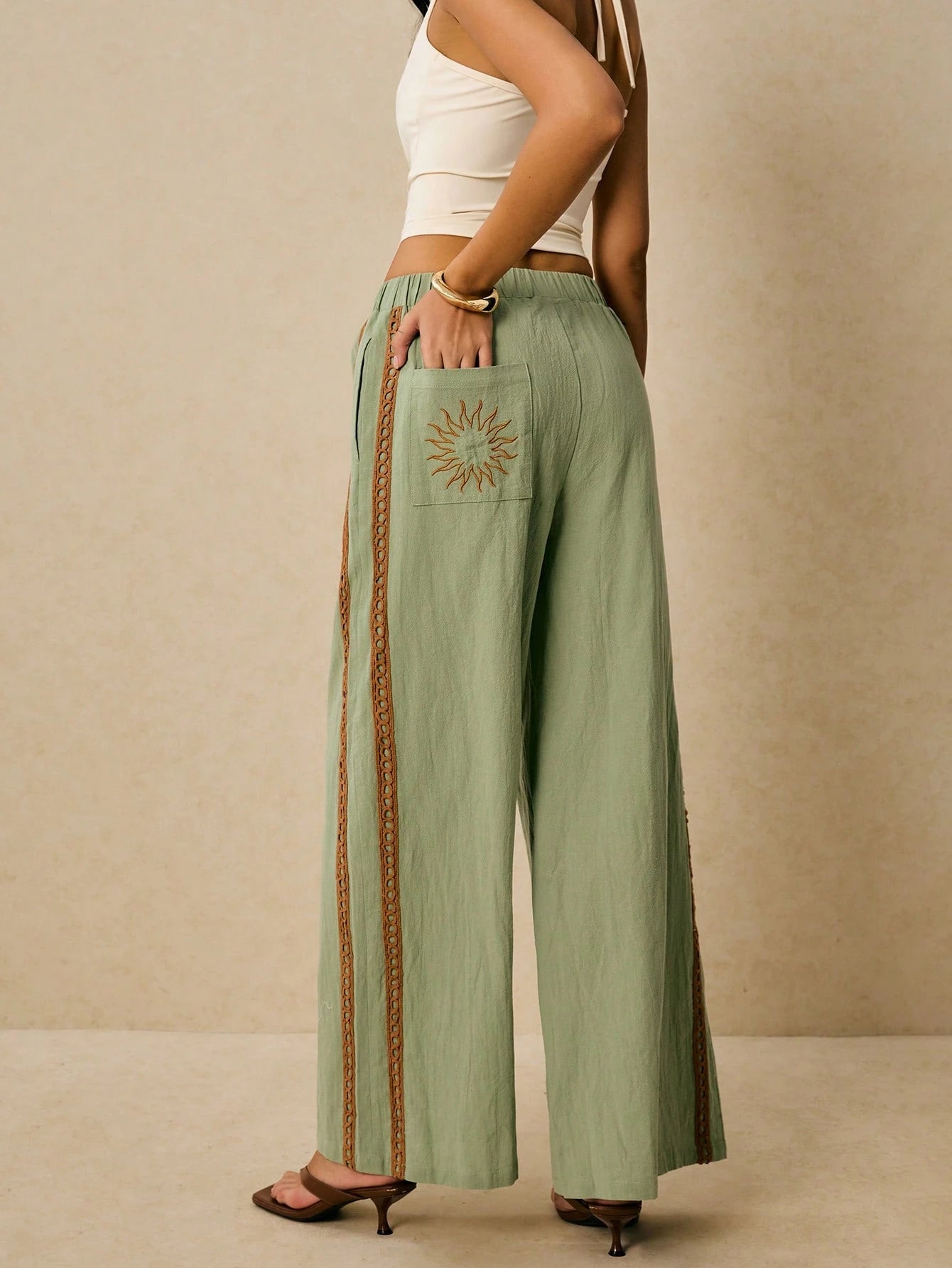 Poéselle Women's Wide Leg Loose Casual Pants With Sun Embroidered Pockets,Vacation Outfits Woman,Beach Vacation,Embroidered Pants,Summer Outfits For Women Vacation Outfits Women Resort Wear