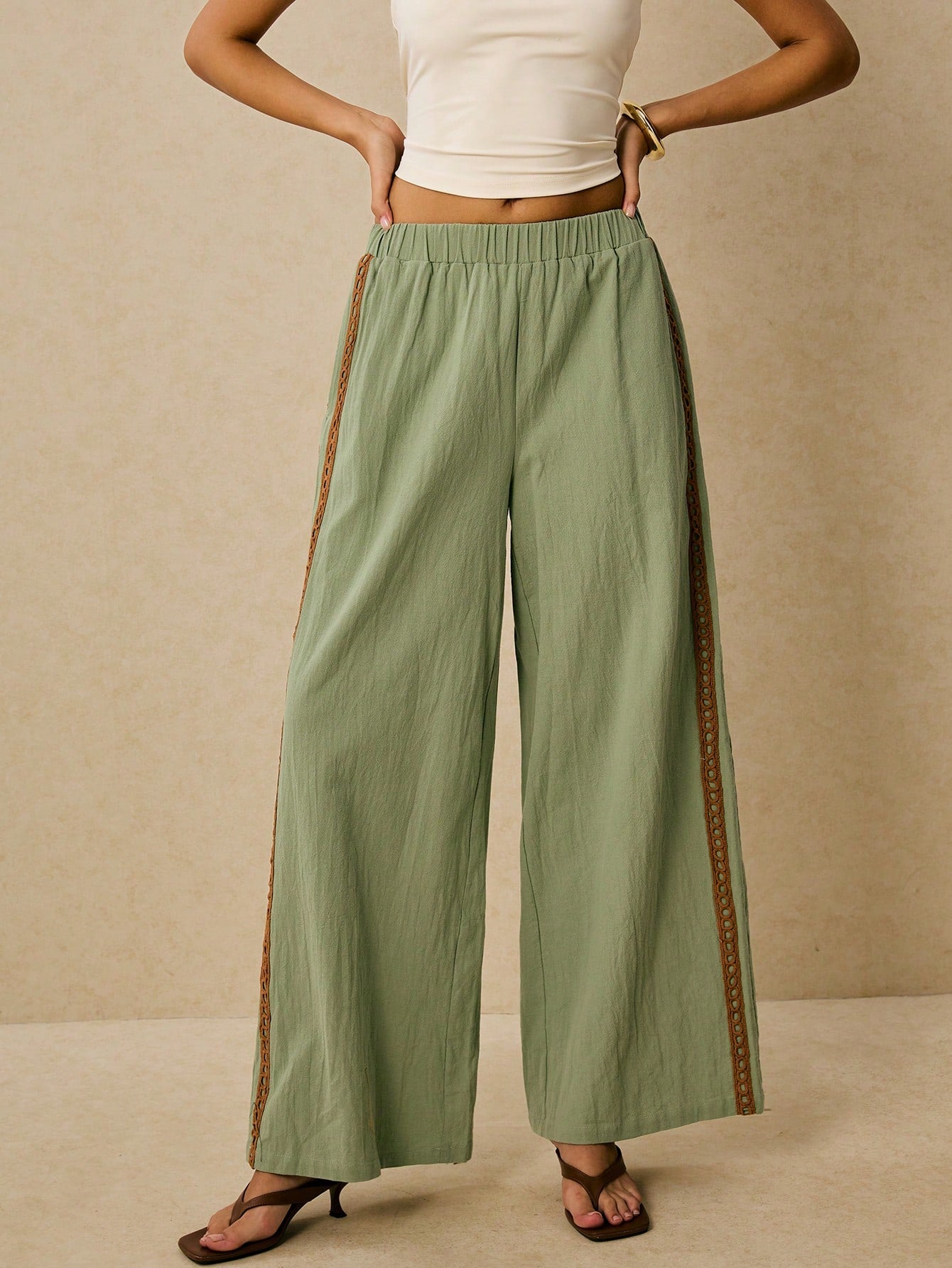 Poéselle Women's Wide Leg Loose Casual Pants With Sun Embroidered Pockets,Vacation Outfits Woman,Beach Vacation,Embroidered Pants,Summer Outfits For Women Vacation Outfits Women Resort Wear