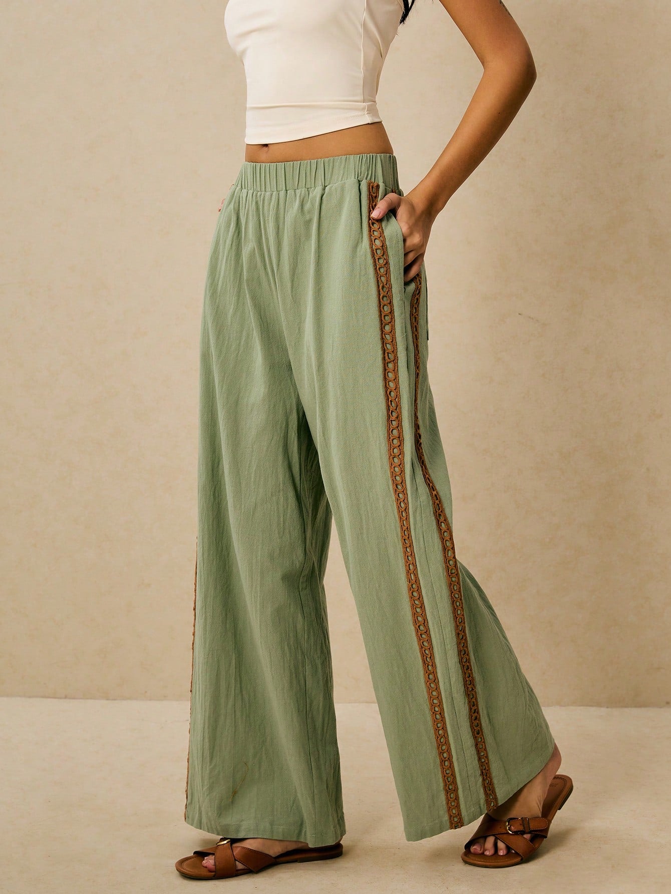 Poéselle Women's Wide Leg Loose Casual Pants With Sun Embroidered Pockets,Vacation Outfits Woman,Beach Vacation,Embroidered Pants,Summer Outfits For Women Vacation Outfits Women Resort Wear