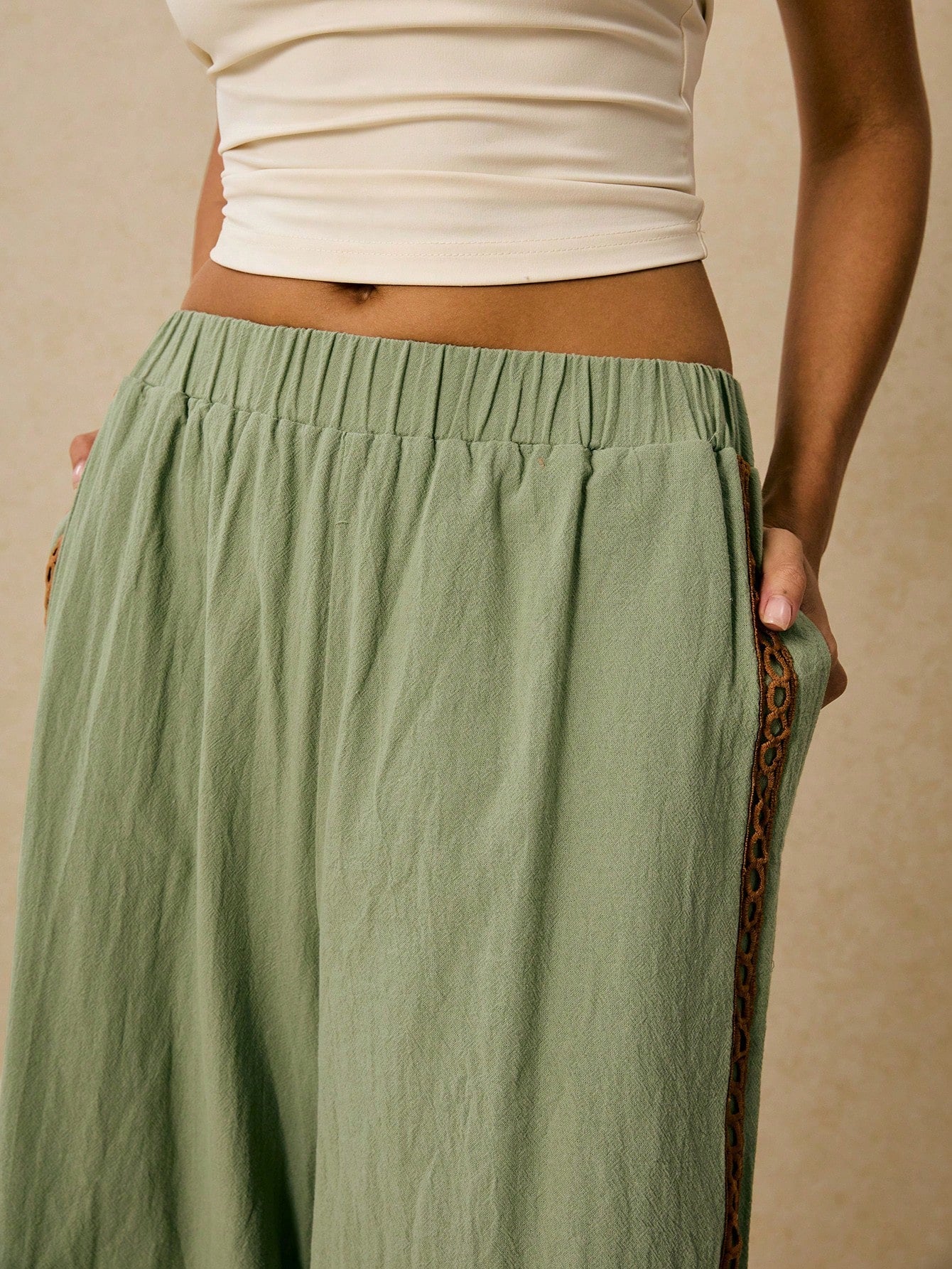 Poéselle Women's Wide Leg Loose Casual Pants With Sun Embroidered Pockets,Vacation Outfits Woman,Beach Vacation,Embroidered Pants,Summer Outfits For Women Vacation Outfits Women Resort Wear