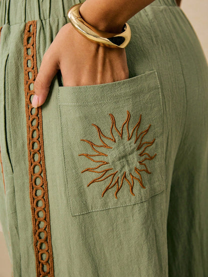 Poéselle Women's Wide Leg Loose Casual Pants With Sun Embroidered Pockets,Vacation Outfits Woman,Beach Vacation,Embroidered Pants,Summer Outfits For Women Vacation Outfits Women Resort Wear