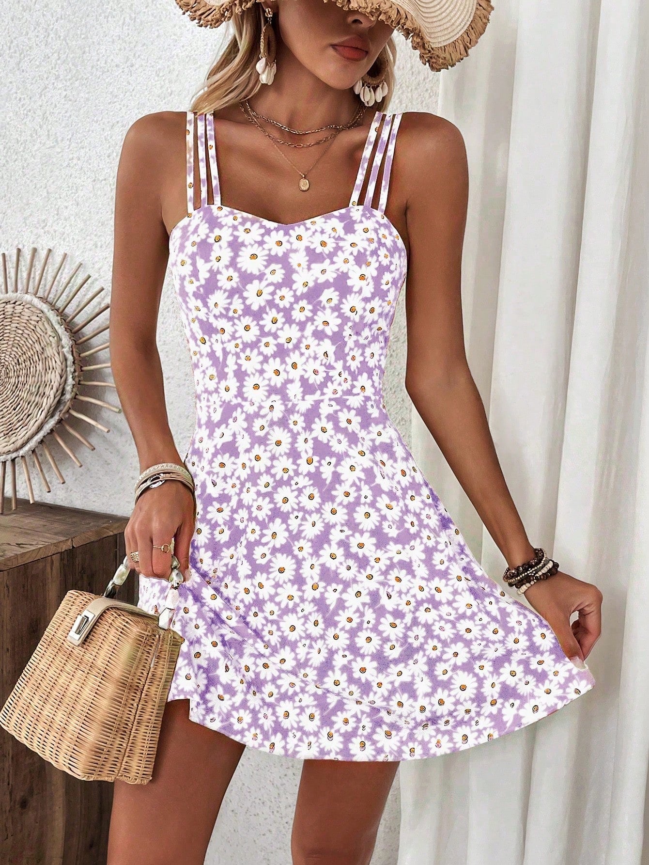 Breezaya Women's Yellow Floral Print Cami Dress Vacation Beach Outfit