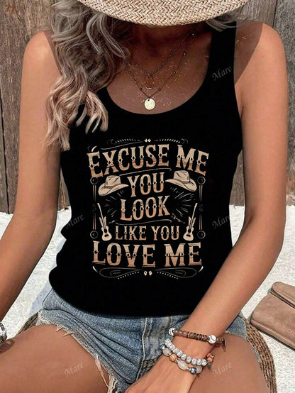 Vintage Western Style Women Tank Top With Slogan Print, Summer