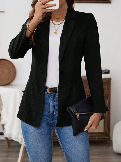 EMERY ROSE Women's Solid Color Lapel Neck Long Sleeve Single Breasted Casual Blazer Jacket, Autumn