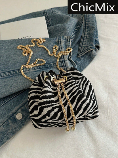 Fashion Solid Color Hollow Out Woven Chain Drawstring Mini Crossbody Bucket Bag