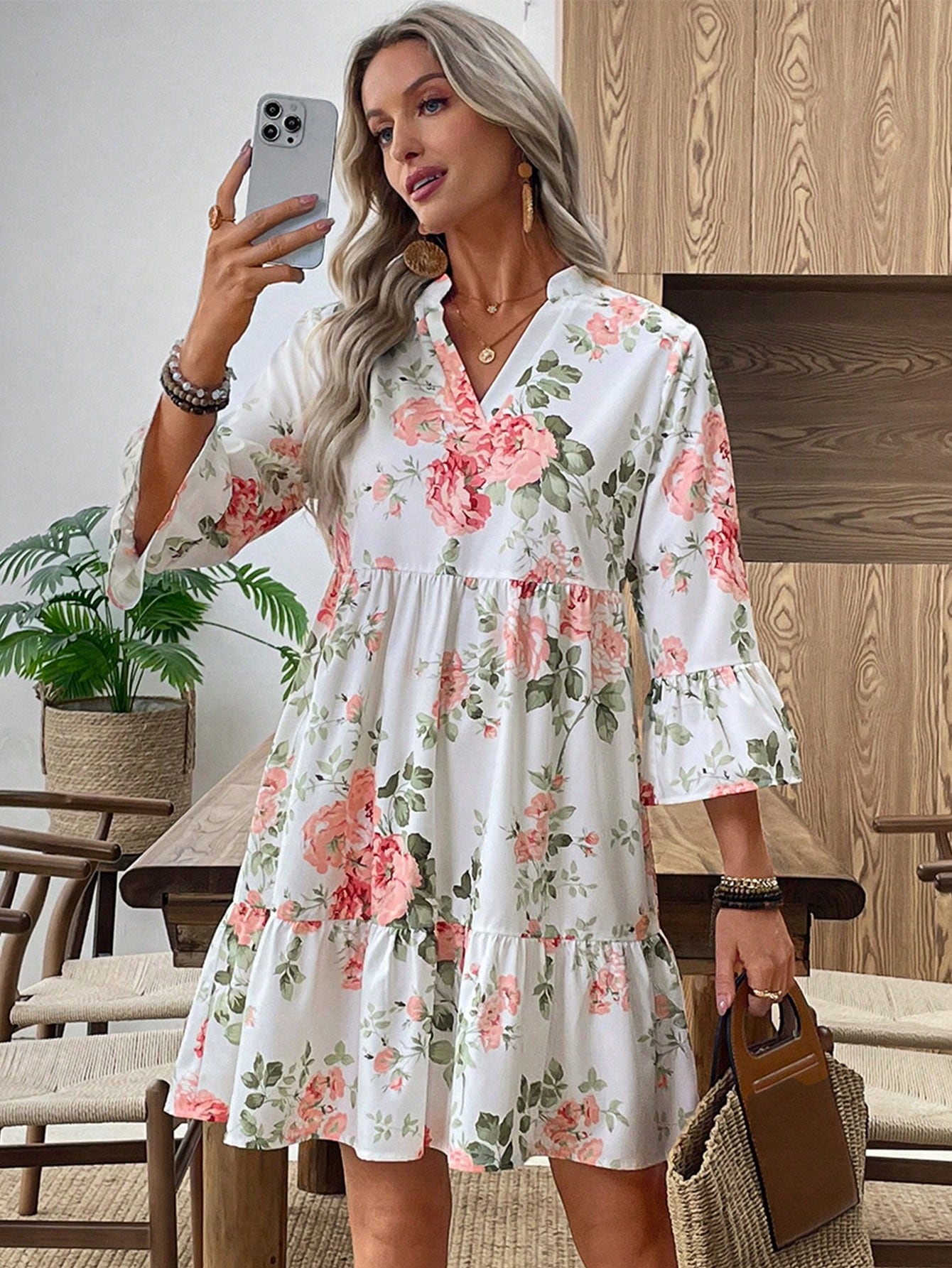 EMERY ROSE Women's Floral Print Cutout V-Neck Ruffled Hem Long Sleeve Mini Dress,Summer Dresses For Women