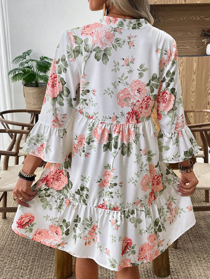 EMERY ROSE Women's Floral Print Cutout V-Neck Ruffled Hem Long Sleeve Mini Dress,Summer Dresses For Women