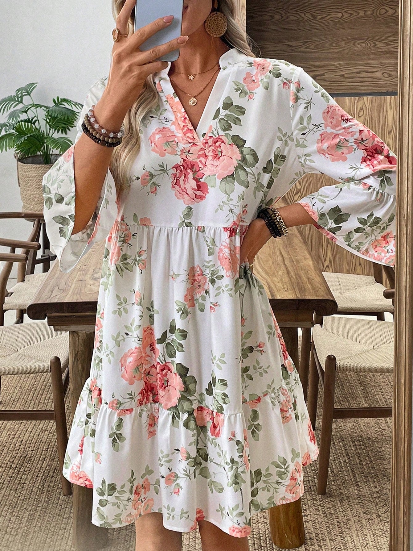 EMERY ROSE Women's Floral Print Cutout V-Neck Ruffled Hem Long Sleeve Mini Dress,Summer Dresses For Women