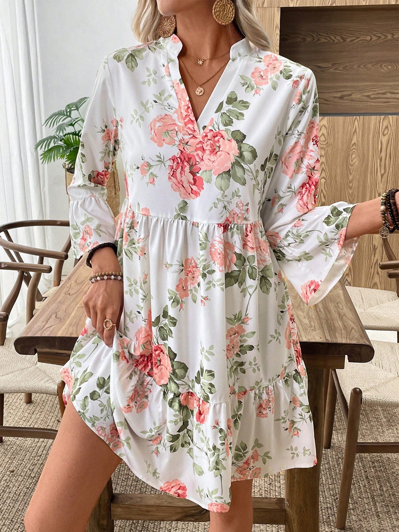 EMERY ROSE Women's Floral Print Cutout V-Neck Ruffled Hem Long Sleeve Mini Dress,Summer Dresses For Women