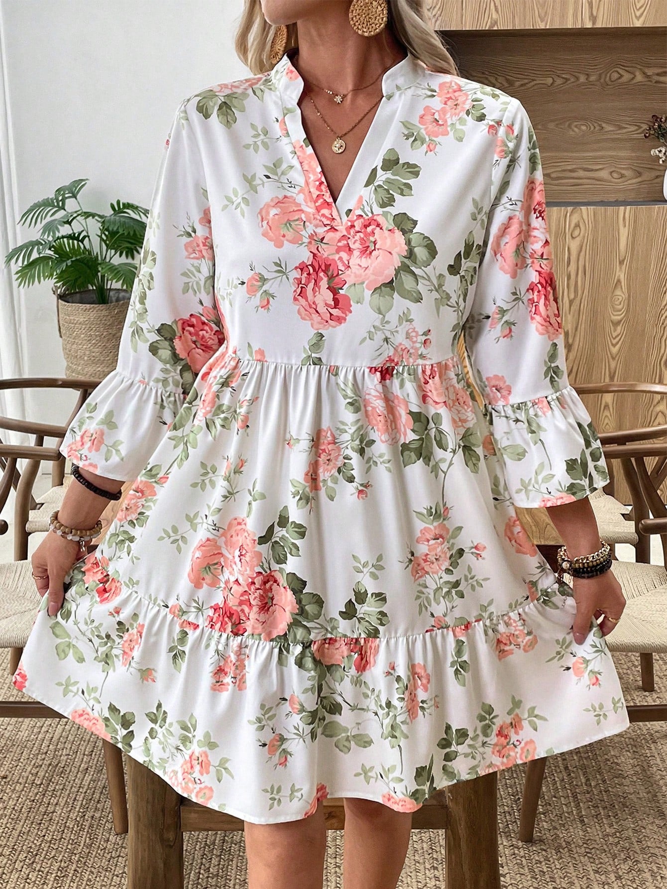 EMERY ROSE Women's Floral Print Cutout V-Neck Ruffled Hem Long Sleeve Mini Dress,Summer Dresses For Women