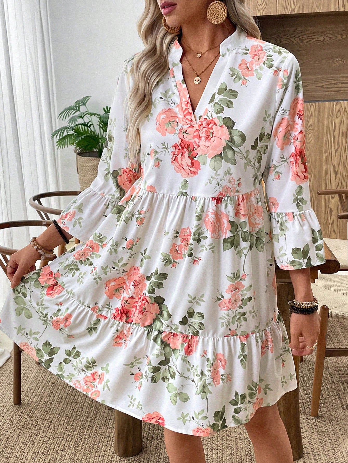 EMERY ROSE Women's Floral Print Cutout V-Neck Ruffled Hem Long Sleeve Mini Dress,Summer Dresses For Women