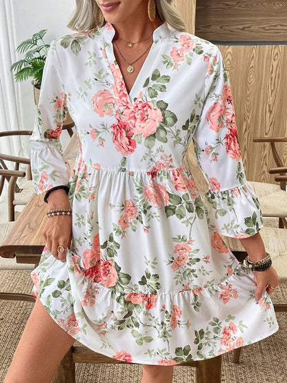 EMERY ROSE Women's Floral Print Cutout V-Neck Ruffled Hem Long Sleeve Mini Dress,Summer Dresses For Women