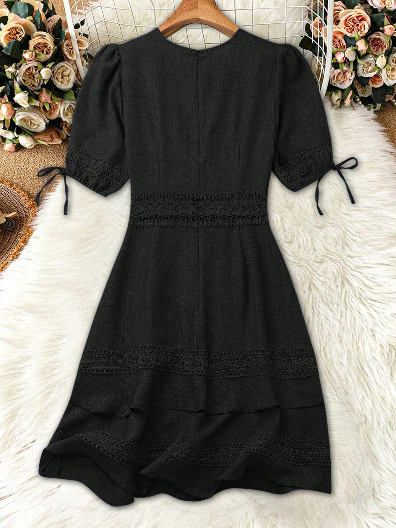 SHEIN Clasi Women's Solid Color Lace Trim Puff Sleeve Mini Dress, Summer