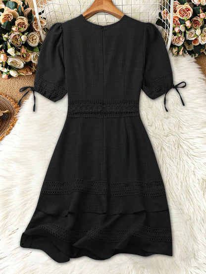 SHEIN Clasi Women's Solid Color Lace Trim Puff Sleeve Mini Dress, Summer