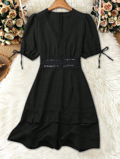 SHEIN Clasi Women's Solid Color Lace Trim Puff Sleeve Mini Dress, Summer