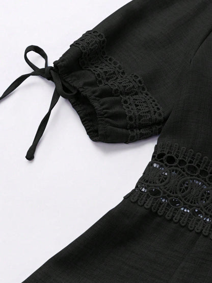 SHEIN Clasi Women's Solid Color Lace Trim Puff Sleeve Mini Dress, Summer