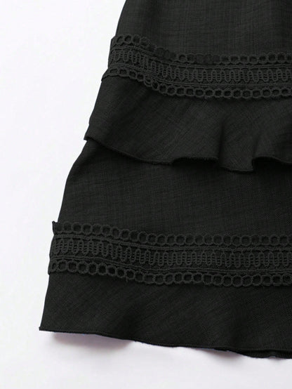 SHEIN Clasi Women's Solid Color Lace Trim Puff Sleeve Mini Dress, Summer