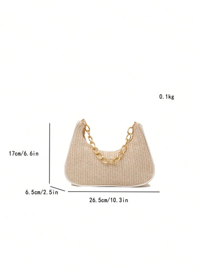 Fashionable Solid-Color Metal Chain Straw Crescent Moon Tote Bag, Women's Multi-Purpose Handbag, Clutch, Beach Bag, Casual Straw Handbag, Phone Pouch