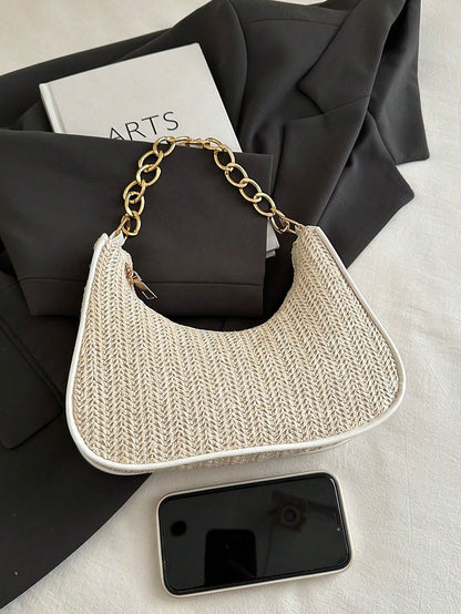 Fashionable Solid-Color Metal Chain Straw Crescent Moon Tote Bag, Women's Multi-Purpose Handbag, Clutch, Beach Bag, Casual Straw Handbag, Phone Pouch