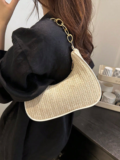 Fashionable Solid-Color Metal Chain Straw Crescent Moon Tote Bag, Women's Multi-Purpose Handbag, Clutch, Beach Bag, Casual Straw Handbag, Phone Pouch